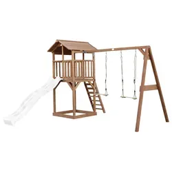 Spielturm axi Beach Tower mit Doppelschaukel - Robuster Spielturm aus Holz in Braun und Weiß, bietet Rutsche, Schaukel und Spielhaus für endlosen Spielspaß im Garten.