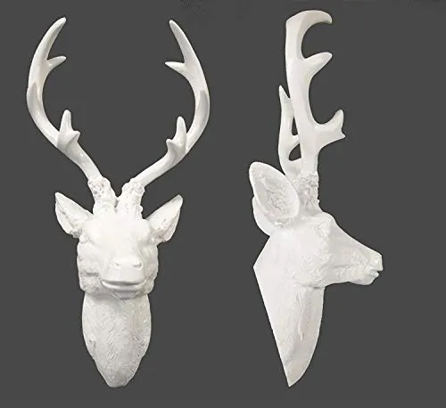 Hirschgeweih Hirschkopf 10-Ender in Weiss - Wandskulptur aus hochwertigem Material, beeindruckende Größe von 47,5 x 32 x 61 cm, ideal für rustikalen oder modernen Wohnstil.
