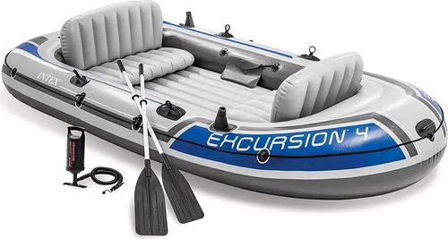Intex Excursion 4 Set Schlauchboot - 3-teilig & vielseitig - Boote: 3 Luftkammern, aufblasbarer Boden und 2 Paddel. Ideal für Angeltouren mit Platz für bis zu 4 Personen und max. 400 kg Tragkraft.