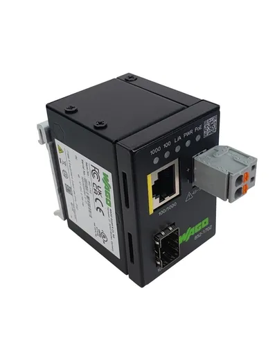 WAGO Industrial Media Converter 852-1702 - Beamer-Halterungen mit Gigabit-ETHERNET-Port und SFP-Port für flexible Anbindung über Lichtwellenleiter bis 80 km, ideal für industrielle Anwendungen.