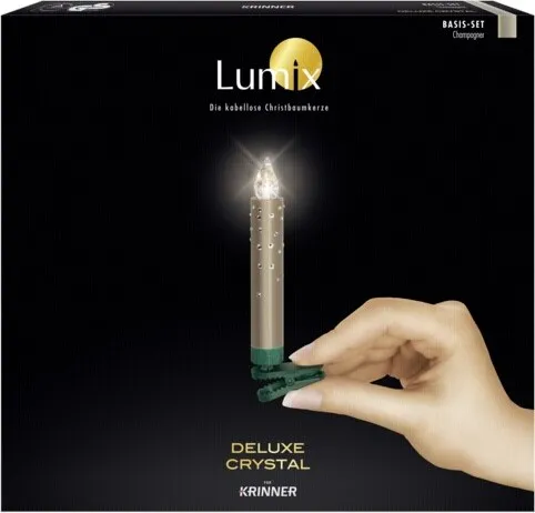 Kabellose LED Christbaumkerzen Krinner Lumix Crystal 10er Set - Weihnachtsbeleuchtung mit 10 stilvollen, batteriebetriebenen LED-Kerzen in Champagnerfarbe, die bis zu 20 Tage leuchten und eine einfache Installation ohne Kabel bieten.