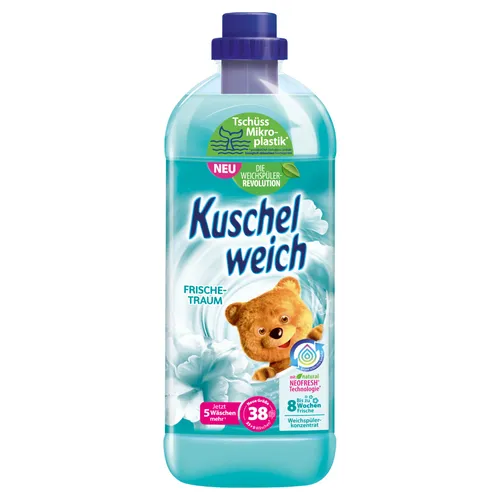 Kuschelweich Weichspüler Frischetraum - 1 Liter - Flüssiger Weichspüler, dermatologisch getestet und ohne Mikroplastik, sorgt für weiche Wäsche und einen herrlichen Duft bei bis zu 38 Waschladungen.