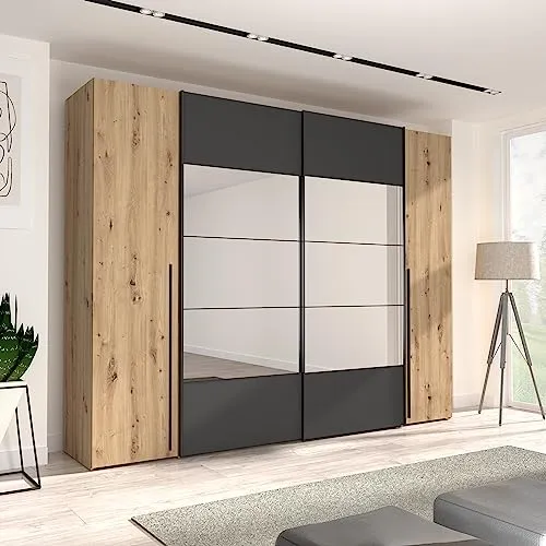 Forte RAYONG Schrank 270 - Moderner Kleiderschrank mit Spiegel - Kleiderschrank im Industrial Stil, gefertigt aus nachhaltigen Materialien, mit robuster Kleiderstange und edlen Metall-Details für Langlebigkeit. Ideal für stilvolle Schlafzimmer.