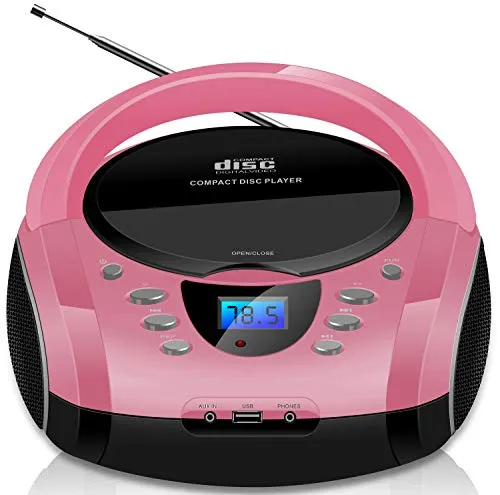 Tragbare Boombox Pretty Pink - Kompakte Stereoanlage mit CD-Player, Bluetooth und USB. Genießen Sie FM Radio und hervorragenden Sound – ideal für unterwegs!
