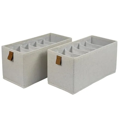 hausleben® 2er Set Aufbewahrungsbox mit 6 Fächern – Faltbare Stoffbox 30x15x15cm – Organizer für Unterwäsche, Socken, Gürtel – Leinenoptik Creme/Nature – Schubladenbox stabil