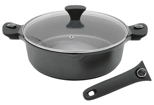 Krüger Servierpfanne Aluguss GAMMA 28 cm - Servierpfanne aus Aluminiumguss mit hitzebeständigem Glasdeckel, ideal für Induktionskochfelder und vielseitig als Schmorpfanne verwendbar.