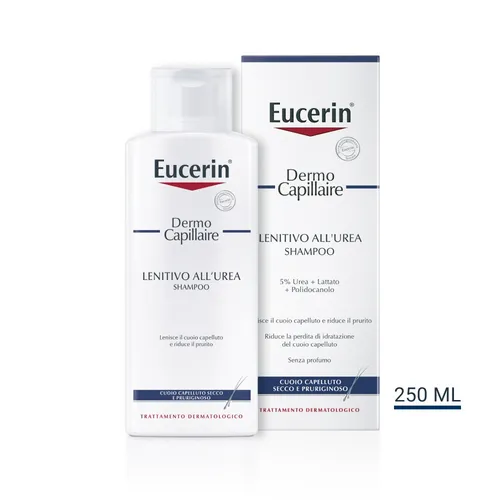 Eucerin® DermoCapillaire Shampoo Lenitivo All'Urea 250ml - Beruhigendes Shampoo für empfindliche Kopfhaut, bietet intensive Feuchtigkeit und lindert Juckreiz.