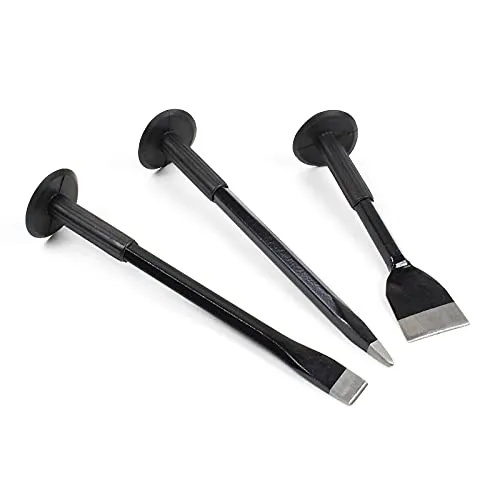 Wiltec Handmeißel Set 3-teilig – Ergonomisch und Rutschfest - Das Wiltec Handmeißel Set umfasst Spitz-, Flach- und Breitmeißel, ideal für präzise Arbeiten an verschiedenen Baustellen. Ergonomisches Design mit Handschutz für sicheren Einsatz.