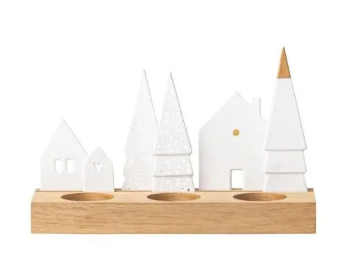 räder Lichthaus Kerzenständer Teelicht Dorf weiß - Weihnachtsdörfer – Eleganter Kerzenständer aus Porzellan und Akazienholz, ideal für Standard-Teelichter, sorgt für eine stimmungsvolle Atmosphäre in Ihrem Zuhause.