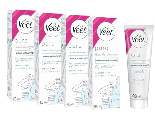 Enthaarungscreme Bikini Zone & Achseln 4er Pack bei sensibler Haut für seidig glatte Haut bis zu 2x länger als bei einer Rasur Veet Bikini & Achseln Haarentfernungscreme 4x100ml