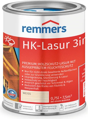 Remmers HK-Lasur 3in1 weiß, 0,75 Liter - Beizen – Premium Holzlasur für außen mit 3in1-Funktion: Imprägnierung, Grundierung & Lasur. Bietet hervorragenden Schutz vor Feuchtigkeit und UV-Strahlung.