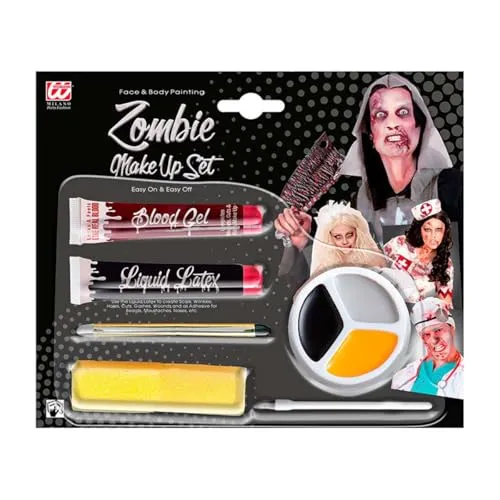 Widmann 01144 - Make-Up Set Zombie, flüssiges Latexblut 10 ml, schwarzer und grauer Eyeliner 4,8 ml, 3-farbiges Make-Up 4,5 ml, Pinsel, 2 Schwämme, Halloween, Karneval, Mottoparty