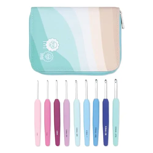 KnitPro Waves Häkelnadel-Set – 9-Haken-Deluxe-Geschenkset, Größen 2 – 6 mm, ergonomische weiche Griffe, weicher Gummigriff für arthritische Hände, leichte und bequeme Häkelnadeln zum Stricken