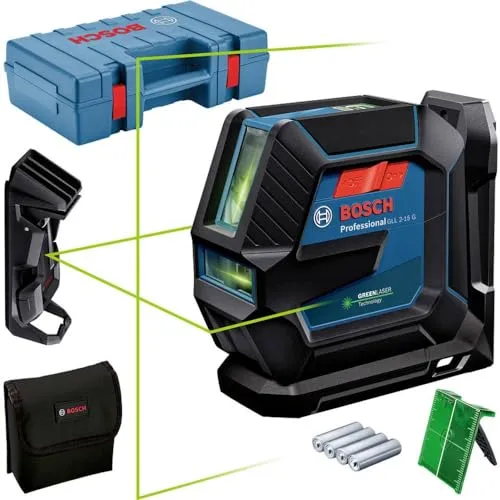 Bosch Kreuzlinienlaser GLL2-15G - Selbstnivellierend mit grüner Laserlinie - Messgeräte mit hoher Sichtbarkeit: Der selbstnivellierende Bosch GLL2-15G bietet grüne Laserlinien, die viermal besser sichtbar sind als rote. Inklusive Halterung und Koffer für einfache Handhabung.