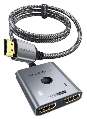 HDMI Switch 4K@60Hz, WARRKY HDMI 2.0 Splitter 2 In 1 Out 【2K@144Hz, 1m Geflochtenes Kabel, HDCP 2.2】 Aluminium Umschalter (Jeweils 1 Display auf einmal) Unterstützt UHD 3D für PS5/4, Xbox, FireStick
