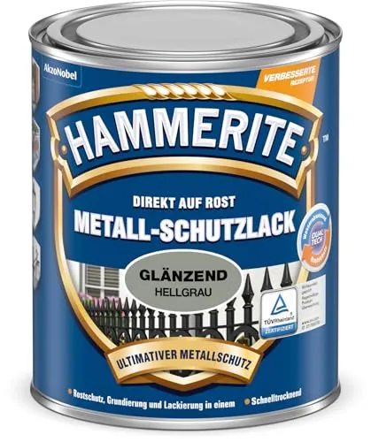 Hammerite Metallschutzlack Glänzend, Hellgrau, 750ml - Lacke, der 3in1 Schutz direkt auf Rost bietet, hochgradig witterungs- und UV-beständig sowie schnell trocknend für zuverlässigen Rostschutz.