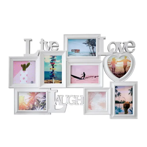 Großer Collage Bilderrahmen LIVE LOVE LAUGH Bildergalerie 8 Bilder weiß P-721