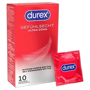 Durex Gefühlsecht Ultra Kondome – 10er Pack - Kondome für Männer, 20% dünnere Spitze für intensives Gefühl, befeuchtet mit Silikongleitgel für mehr Spaß am Sex.