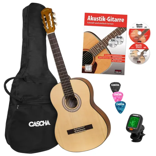 Cascha Student Series 4/4 Konzertgitarre Bundle - Hochwertige 4/4 Konzertgitarre für Anfänger ab 10 Jahren, inkl. Gigbag, Tuner und Gitarrenschule – ideal für den Einstieg in die Musik!