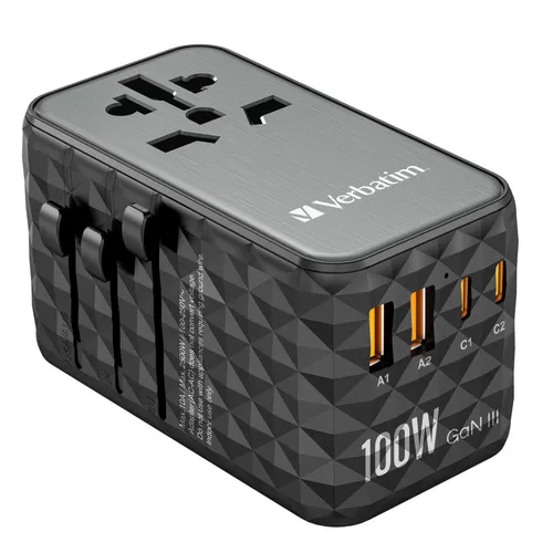 Verbatim GaN Universal Reiseadapter UTA 06 - 100 W, 5-in-1 Steckdosenadapter mit 2 USB A und 2 USB-C Anschlüssen, schnelles Laden für bis zu 5 Geräte weltweit