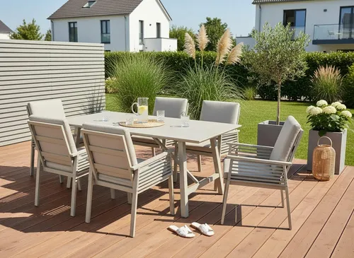 KONIFERA Garten-Essgruppe Edessa, (Set, 19-tlg., 6x Sessel, 6x Sitzauflagen, 6x Rückenauflagen,1x Tisch), bestehend aus 6 Sesseln mit Auflagen, 1 Tisch