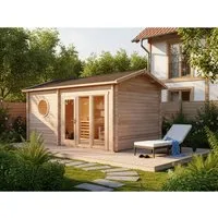 FinnTherm Saunahaus Genf-70 - 70 mm Naturholz, 6 Personen - Sauna für bis zu 6 Personen mit 4 Liegeplätzen und isolierter Decke. Genießen Sie entspannte Stunden in Ihrem eigenen Massivholz-Saunahaus mit Panorama-Tür und 3 Fenstern.