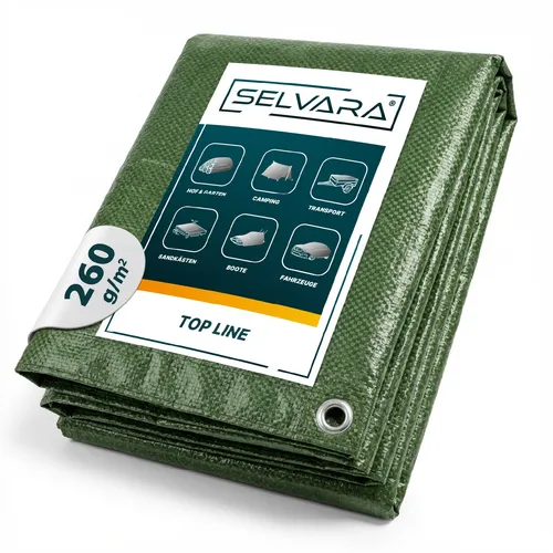 SELVARA Schutzplane 260g/m² Grün mit Ösen - Wasserdichte, reißfeste Gewebeplane für vielseitige Anwendungen wie Auto, Gartenmöbel oder Camping. UV-stabilisiert und in verschiedenen Größen erhältlich. Ideal für zuverlässigen Schutz.