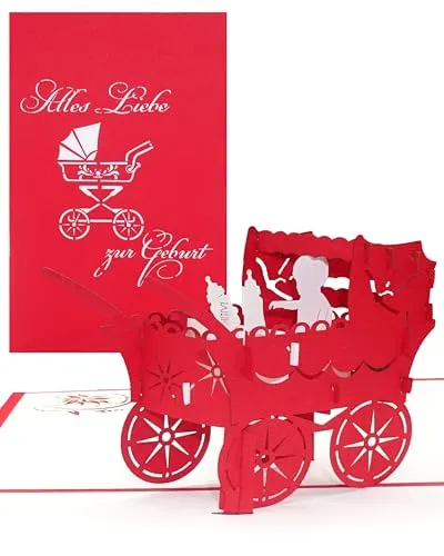3D Karte zur Geburt Mädchen - Kinderwagen“ - Pop-Up Karten zur Geburt - Glückwunschkarte zum 1. Geburtstag als Gutschein, kleines Geschenk, Geschenkgutschein & Geschenkverpackung