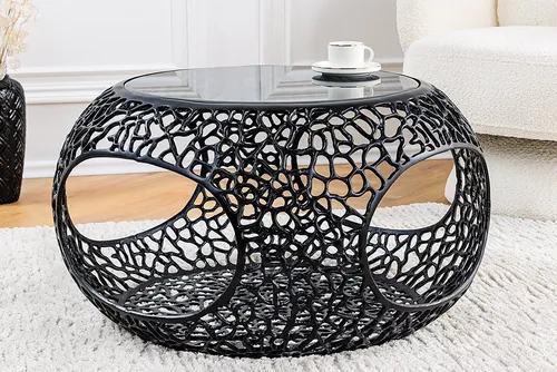 riess-ambiente Couchtisch SPIN Ø75cm – Handgefertigter Blickfang in Silber/Schwarz - Eleganter Couchtisch aus hochwertigem Sicherheitsglas und Metall, mit individuellem Blättermuster. Bietet praktischen Stauraum und setzt stilvolle Akzente in Deinem Wohnzimmer.