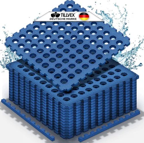 tillvex® Pool Bodenschutzmatte 4 Stück 51x51cm mit Löchern - Schützen Sie Ihren Poolbereich mit den tillvex Poolunterlegmatten. Die 51x51cm großen Matten sorgen für eine stabile Basis, bieten eine einfache Installation und sind ideal für die Gestaltung Ihres Außenbereichs. Hochwertiger EVA-Schaumstoff für Langlebigkeit und Sicherheit.
