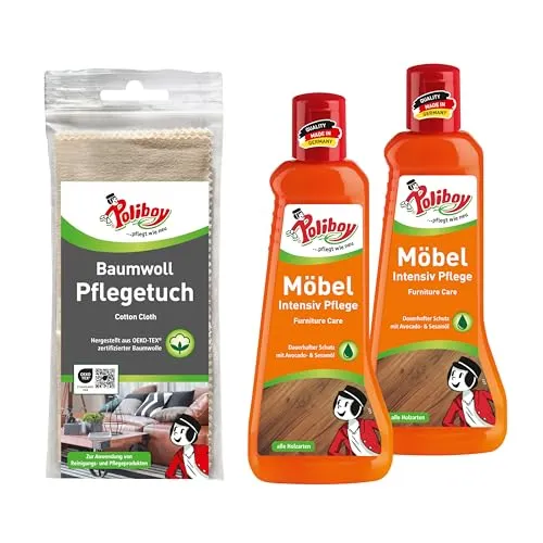 POLIBOY Möbel Intensiv Pflege - 2x 200 ml Holzpflege mit Baumwolltuch - Hochwertige Pflege für lackierte Holzmöbel: Nährt und schützt mit Avocado- und Sesamöl. Für frischen Glanz und lebhafte Holzmaserung. Inklusive kratzarmem Baumwolltuch für eine einfache Anwendung.