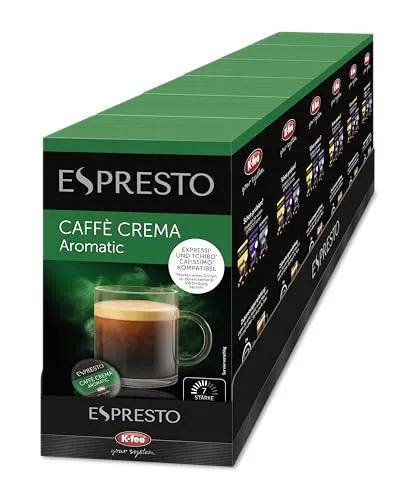 ESPRESTO Caffè Crema Aromatic, 96 Kaffeekapseln für K-fee & Aldi EXPRESSI* - Genieße mit ESPRESTO Caffè Crema Aromatic ein aromatisch-fruchtiges Geschmackserlebnis. Ideal für K-fee und ALDI EXPRESSI* Maschinen, perfekt für jeden Kaffeeliebhaber. 6 Packungen à 16 Kapseln sorgen für langen Genuss.