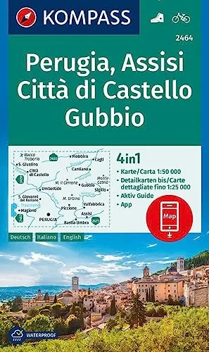 KOMPASS Wanderkarte 2464 Perugia, Assisi, Città di Castello, Gubbio 1:50.000: 4in1 Wanderkarte mit Aktiv Guide und Detailkarten inklusive Karte zur ... Verwendung in der KOMPASS-App. Fahrradfahren.