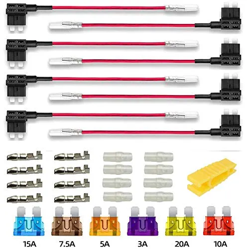 Gebildet 8pcs 12V-24V Standard Autosicherungen Add-A-Circuit Sicherung Tap,Mittel Größe Stecksicherung Verteiler Flachsicherungsadapter mit 6pcs Sicherung (3A/5A/7.5A/10A/15A/20A)+Sicherungsabzieher