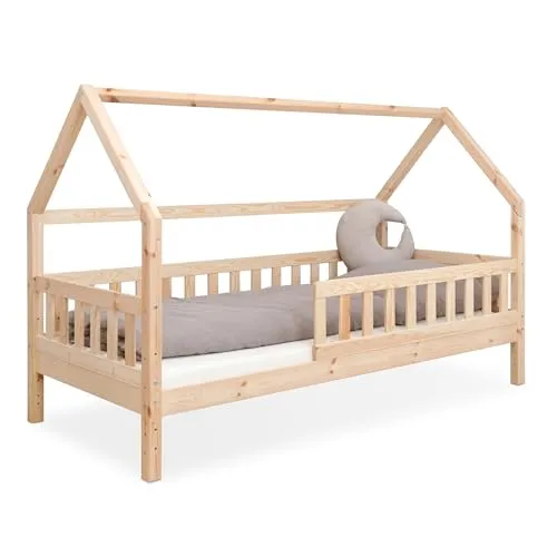 Ehrenkind Hausbett "Lille" aus nachhaltigem Kiefernholz - Abenteuerbett für Kinder, ideal zum Spielen und Lesen. Mit abnehmbarem Rausfallschutz und höhenverstellbar – fördert die Eigenständigkeit deines Kindes!