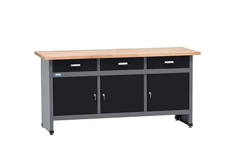 KÜPPER Werkbank 12150 - Robuste 3-Schubladen Werkbank mit 300 kg Traglast - Werkbänke mit stabiler Stahlkonstruktion und großzügiger Buchenarbeitsplatte. Ideal für Profis und Heimwerker, bietet Ordnung durch 3 Schubladen und 2 abschließbare Türen.