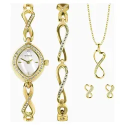 Sekonda Damenuhr Infinity Geschenkset - Elegantes Geschenkset mit goldfarbener Damenuhr, Kristallen und Perlmuttzifferblatt. Inklusive goldener Halskette, Armband und Ohrringen – perfekt für besondere Anlässe.