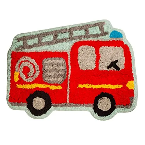 Sass & Belle Feuerwehrauto-Teppich - Teppich Gegend mit coolem Feuerwehrauto-Design, aus hochwertiger Baumwolle gefertigt und in leuchtendem Rot – perfekt für Kinderzimmer und Spielbereiche.