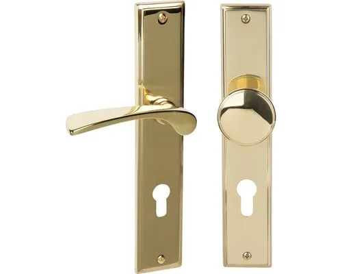 Langschildgarnitur Nelson messing/poliert PZ - Hochwertige Drückergarnitur aus Messing, ideal für Wohnungseingangstüren mit eleganten Knopf und Drücker.