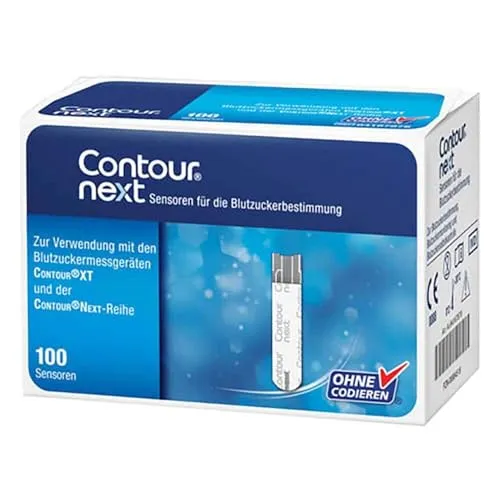 Contour Next Teststreifen - 100 Stück für präzise Blutzuckermessung - Blutzuckermessgeräte Zubehör, hochstabil gegenüber Umwelteinflüssen und ideal für Contour XT und Next Geräte. 24 Monate haltbar und lagerbar bei 0 °C bis 30 °C.