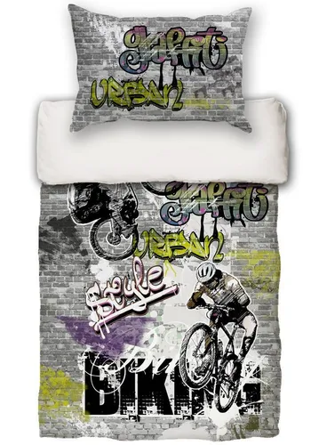 beties Graffiti-Move Jugend Wende Bettwäsche-Set 155x220 cm - Zierkissenbezüge aus 100% Baumwoll-Mako-Satin, pflegeleicht und schadstoffgeprüft. Stylisches Parkour-Graffiti-Design für coole Teenies, nachhaltig verpackt.