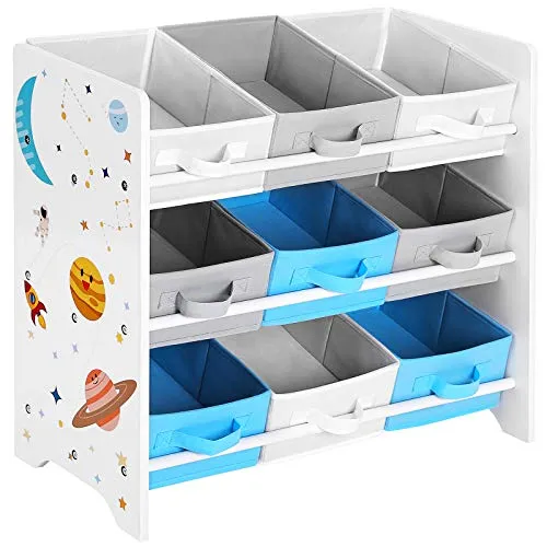 SONGMICS Aufbewahrungsregal für Kinder, Motiv Weltraum - Kinderzimmerregal mit 9 herausnehmbaren Boxen, inspiriert von Planeten und Sternen, fördert Ordnung und Kreativität im Spielzimmer.
