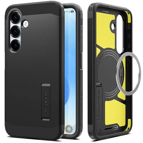 Spigen Tough Armor (AI) MagFit Hülle für Samsung Galaxy S25 - Schwarz - Standard Handyhüllen mit integriertem Magnet für MagSafe, doppeltem Schutz durch TPU und Polykarbonat sowie einem praktischen Kickstand für einfaches Aufstellen.