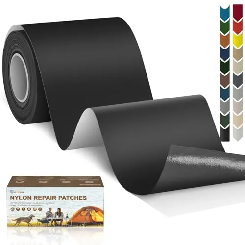 Cahomo Nylon Reparatur Patches, 7.6x200 cm Selbstklebender Wasserdichte Reparatur Patch, Daunenjacke Flicken Reparaturset，Nylon Flicken Selbstklebend, für Jacken, Zelte, Daunenjacke-Schwarz