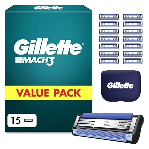 Gillette Mach3 Rasierklingen für Männer, 15 Original Ersatzklingen, Klingen für Herren mit Gleitstreifen für Ein Sanftes Gleiten und Neuer Klingenbeschichtung — Inkl. Reiseschutzkappe