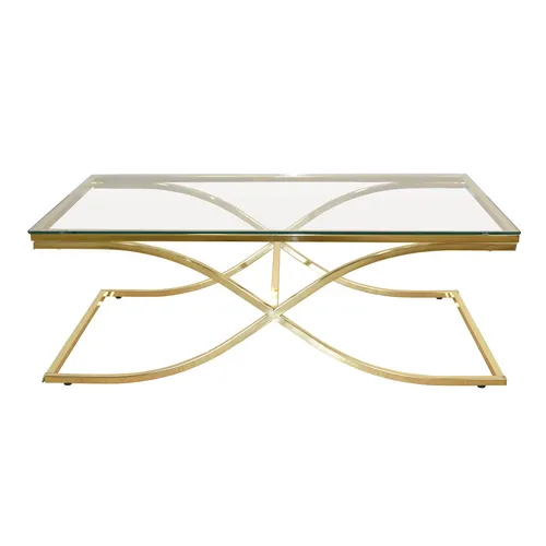 Couchtisch Chris von Möbel Direkt Online - Moderner Couchtisch mit 120x70 cm großer Sicherheits-Klarglasplatte und trendigem messingfarbenen Metallgestell. Ideal für stilvolle Wohnräume.