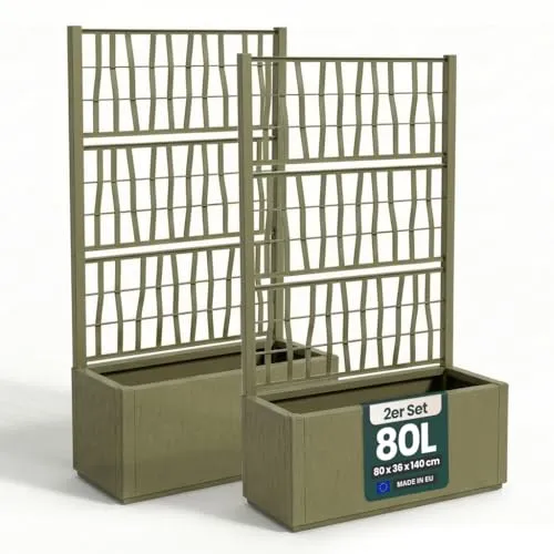 XL Spalier 'Ethica' mit Pflanzkübel - 80x36x140 cm - Olivgrün, 2 Stück - Vielseitiges Spalier mit integriertem Pflanzkübel für Balkon, Terrasse und Garten. Robust, wetterbeständig und mit modernem Design – ideal für kreative Begrünung und Sichtschutz.