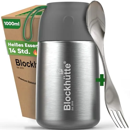 Blockhütte Thermobehälter für Essen 1 Liter Edelstahl - Thermobehälter für Essen mit innovativer Isolation, hält Speisen bis zu 14 Stunden heiß – ideal für Schule, Büro oder Outdoor. Inklusive Reinigungsbürste und auslaufsicherem Deckel.