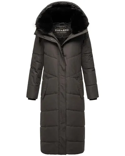 Navahoo Damen Wintermantel - Warmer, extralanger Steppmantel mit abnehmbarer Kapuze - Funktionsjacken: Eleganter, wind- und wasserabweisender Mantel mit kuschelig warmem Teddyfell-Innenfutter und abnehmbarem Kunstfellkragen – ideal für kalte Wintertage!