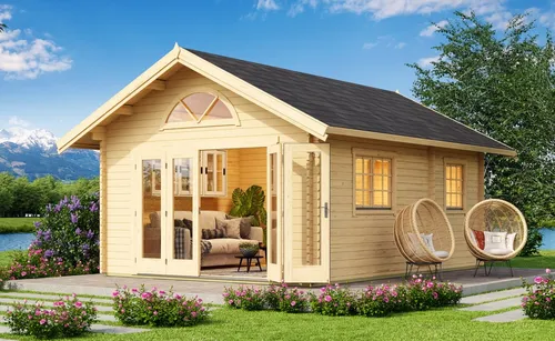 Gartenhaus Blockhaus Satteldach 40 mm Caroline 2.3 mit Schlafboden - Gartenhaus mit 21.66 m² Nutzfläche, isolierverglasten Fenstern und abschließbaren Türen – ideal für Gartenliebhaber, die zusätzlichen Wohnraum schaffen möchten.